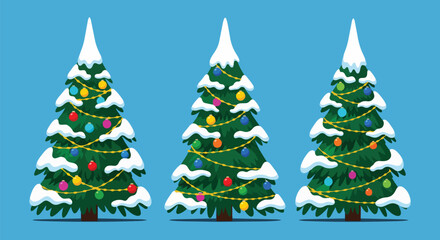 Obraz premium Three stylized Christmas trees with snow and colorful ornaments on a blue background, ideal for holiday cards, seasonal promotions and festive designs.