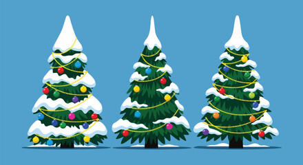 Fototapeta premium Three stylized decorated Christmas trees with snow and colorful ornaments on blue background, concept for holiday greetings, winter sales and festive design.