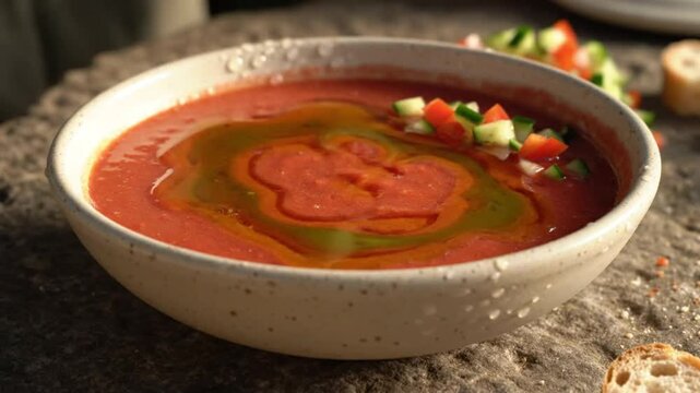 Drizzling Extra Virgin Olive Oil over Fresh Tomato Gazpacho Soup