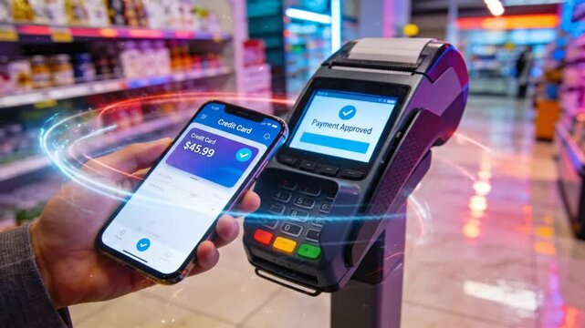 Contactless Mobile Payment: Hand with smartphone making NFC transaction at POS terminal in store. Digital wallet approved.
