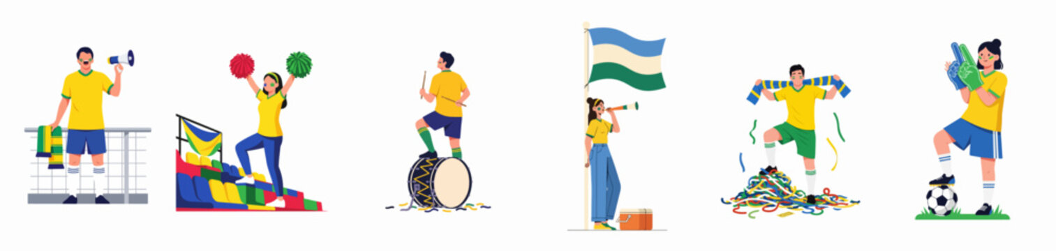 Collection of soccer fans cheering for their team with various accessories like flags, drums, megaphones, and pom-poms in a stadium setting.