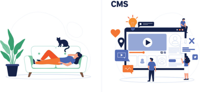 Content Management System Vector Illustration with CMS Dashboard Social Media Interface and Home Relax Lifestyle Scene for Digital Marketing Design
