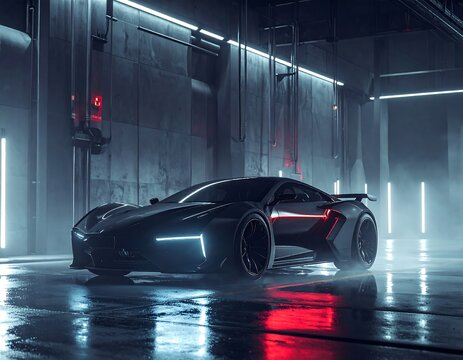 Futuristic Black Sports Car in Dark Garage.