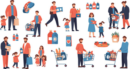 Fototapeta premium Family Grocery Shopping Vector Set with Parents and Children Buying Food Using Cart and Basket for Supermarket Retail Lifestyle Design