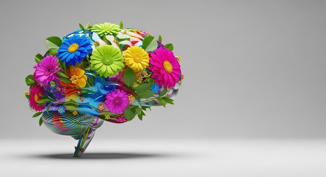 Artistic side view of a brain anatomical model with vibrant floral blooms and foliage representing neurological growth and mental clarity, medicine, neurology, soul