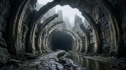 Naklejka premium A stone path winds through a tunnel of massive, bone-like rock arches in a misty mountain landscape. A small stream flows alongside the path, leading into a dark, mysterious cavern entrance.