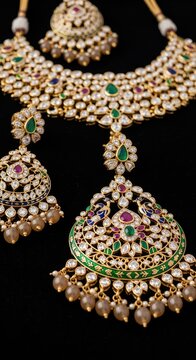Exquisite Indian Kundan Polki Bridal Jewelry Set with Emeralds and Pearls.
