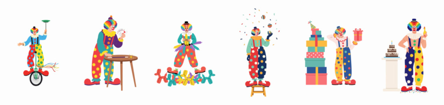 Set of six funny clowns performing circus tricks and celebrating at a birthday party, flat vector illustration on white background.