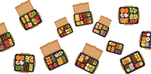 Naklejka premium Healthy Meal Prep Lunch Box Pattern Vector with Balanced Diet Food Portions Vegetables Protein and Clean Eating Containers for Nutrition Design