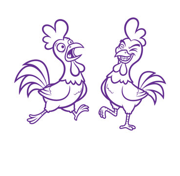 Two cartoon chickens in different moods running and smiling isolated on white background