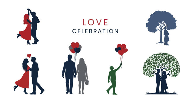 Couple silhouettes celebrating love with heart balloons and trees
