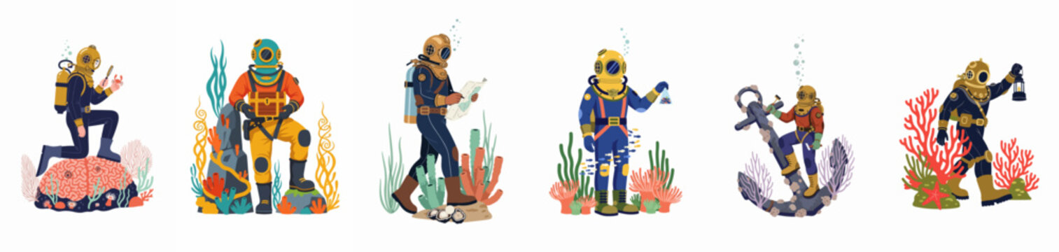Collection of vintage deep-sea divers in retro diving suits exploring the ocean floor with corals, treasures, anchors, and marine life in flat illustration style.