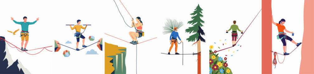 Collection of flat vector illustrations depicting people practicing slacklining and highlining in various scenic outdoor environments including mountains, forests, and cliffs. © Pat
