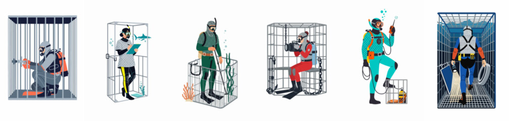 Set of flat vector illustrations featuring scuba divers in protective cages and chainmail suits for shark observation, underwater research, and deep-sea exploration. © Pat