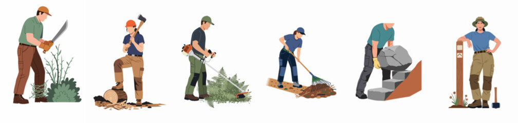 Flat vector illustrations of diverse people performing trail maintenance tasks like clearing brush, chopping wood, raking paths, and building stone steps on white background. © Pat