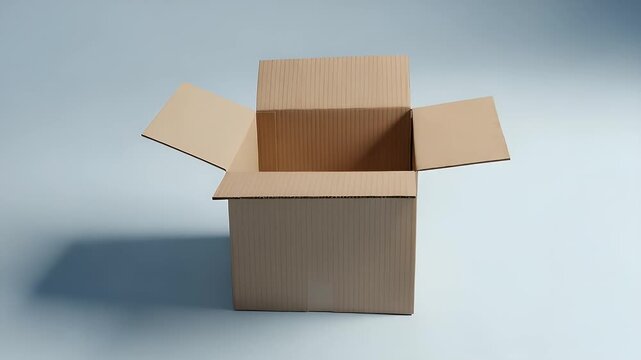 One large empty cardboard box sits open on a plain light blue background surface illustrating shipping delivery concepts and logistics packaging needs for moving house or storage