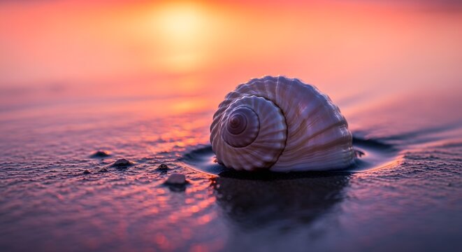 Seashell Resting on Wet Sand During a Vibrant Sunset.
