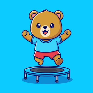 Cute cartoon bear jumping on a trampoline with a happy expression.