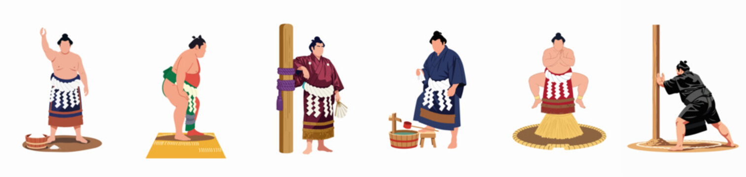 Collection of six Japanese sumo wrestler illustrations in traditional poses, training, and ritual ceremonies, isolated on white background.