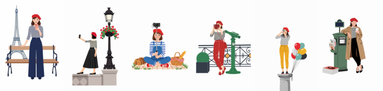 Vector illustration set of a young woman enjoying a vacation in Paris, taking photos and selfies at iconic landmarks in stylish French outfits.