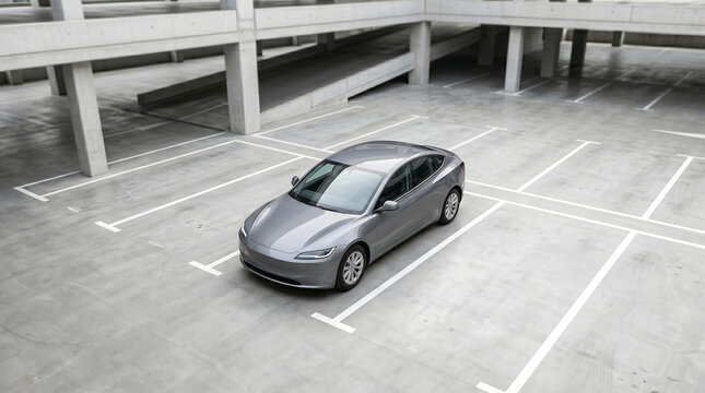 A silver car is parked alone in a large empty multi-level parking garage