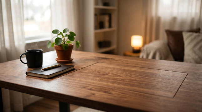 A cozy home office setup with a wooden desk, cup, notebook, plant, and lamp on a sunny day indoors.