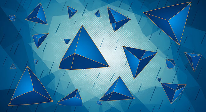 Floating blue geometric 3D pyramids in abstract space