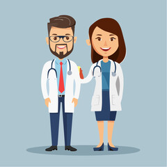 Fototapeta premium Two friendly cartoon doctors, a man and a woman, standing together wearing white lab coats and stethoscopes with smiles