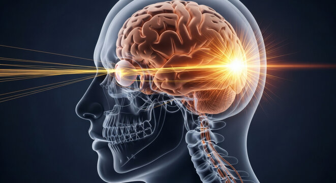 Human brain vision concept with glowing light neural pathway