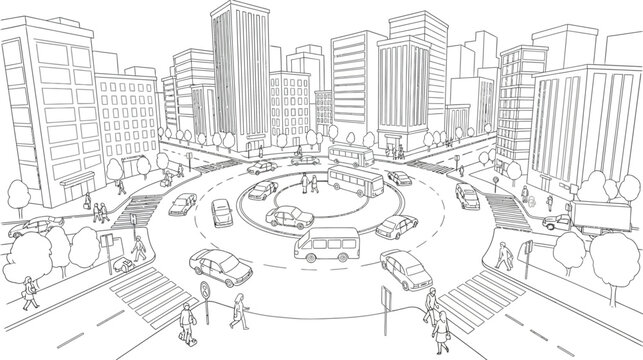 City Roundabout with Traffic and Buildings.