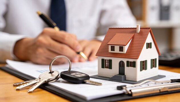 A person is signing important real estate documents, with a miniature house model and keys placed on the desk, signifying a property transaction or home purchase.