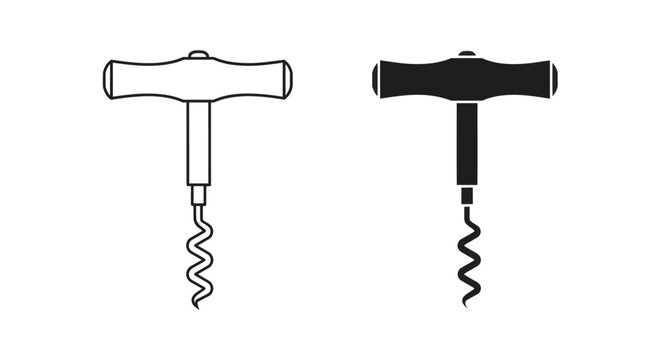 Manual wine corkscrew icon set in outline and silhouette style isolated on white background.