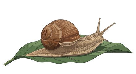 A charming cartoon garden snail with a brown shell resting on a green leaf. © Kosong