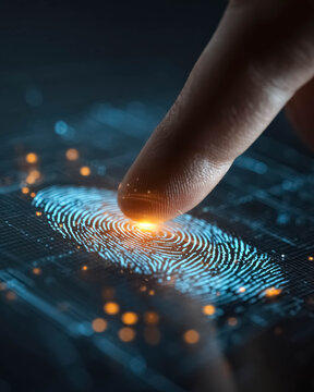 Close up of finger touching digital fingerprint scanner, biometric authentication and cybersecurity identity verification concept