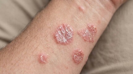 Fototapeta premium Psoriasis Skin Condition on a Human Arm Showing Scaly Red and White Plaques in a Detailed Close Up View