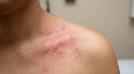 Fototapeta premium Rash on the Shoulder and Neck of a Person Showing Signs of an Allergic Reaction or Skin Condition