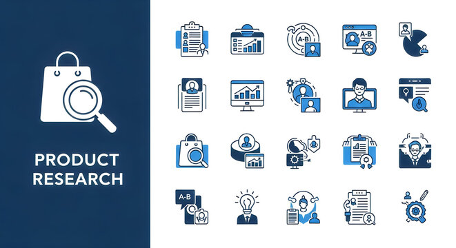 Product research icon collection featuring competitor analysis, product comparison, product detail, price check and market research symbols. Solid vector icons. 