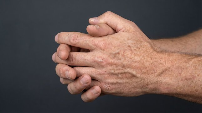 Hands of a Caucasian Man Clasped Together Against a Grey Background Showing Contemplation or Worry