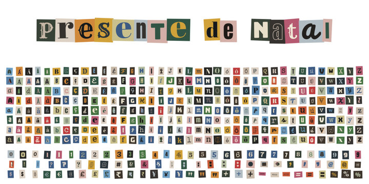 Alfabeto de recortes de revista estilo bilhete anonimo para frase presente de natal e design criativo