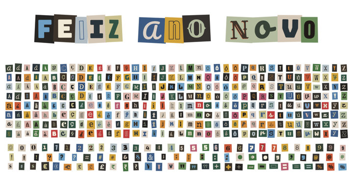 Alfabeto de recortes de revista estilo carta de resgate para feliz ano novo