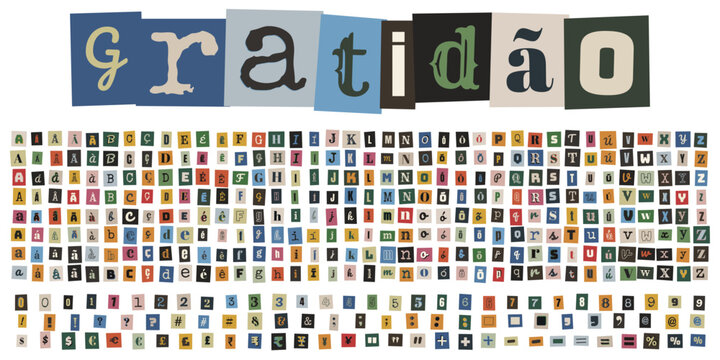 Alfabeto de colagem estilo bilhete anonimo com a palavra gratidao e numeros para design criativo