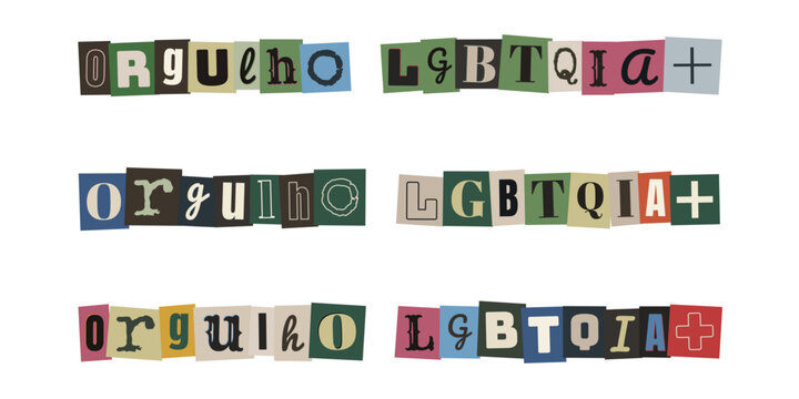 Texto Orgulho LGBTQIA+ em estilo colagem de recortes de revista para redes sociais e ativismo