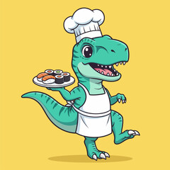 Cute Cartoon TRex Chef Serving Delicious Sushi Plate. © Arviz