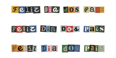 Fototapeta premium Letreiro Feliz Dia dos Pais estilo nota de resgate com recortes coloridos vintage