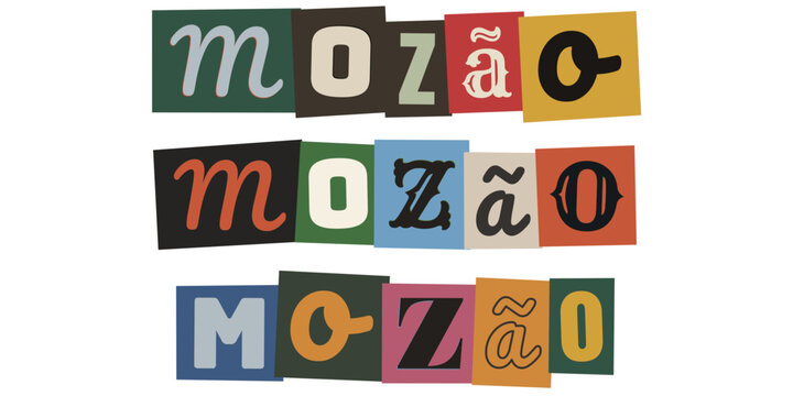 Palavra mozao em estilo de recorte de revista para design de dia dos namorados