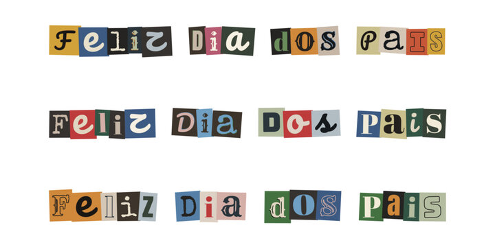 Letreiro Feliz Dia dos Pais estilo nota de resgate com recortes coloridos vintage