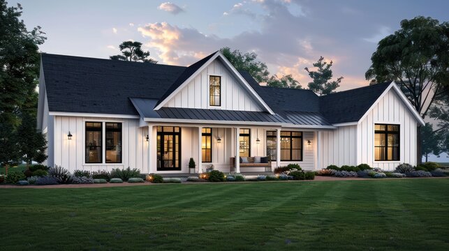 Exterior view of a farmhouse style home at dusk