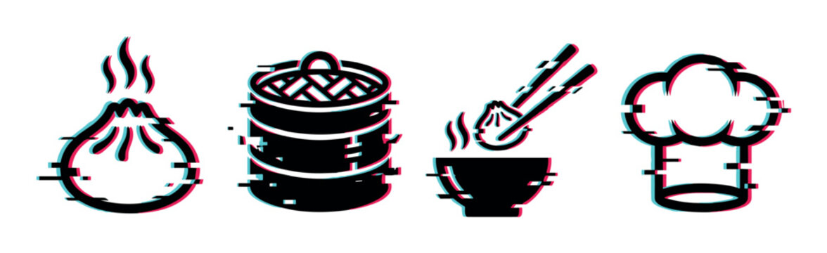 Asian food and cooking icons with a modern digital glitch effect, featuring a steaming dumpling, bamboo steamer, chopsticks, and chef's hat.