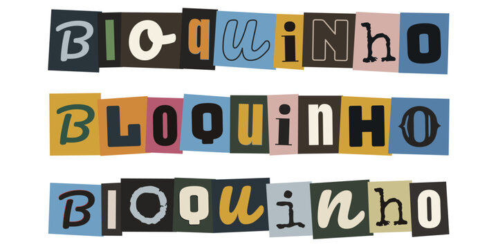 Palavra Bloquinho em estilo de carta de resgate para design de carnaval e papelaria criativa