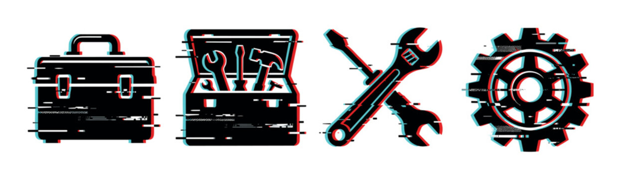 Toolbox, tools, wrench, screwdriver, and gear icons with a modern digital glitch effect, representing repair and maintenance services.